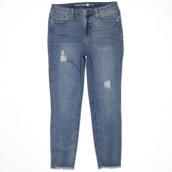 Max Studio High Rise Skinny Jeans Size 14 Womens Distressed Blue Stretch 33 x 28 - Picture 1 of 10